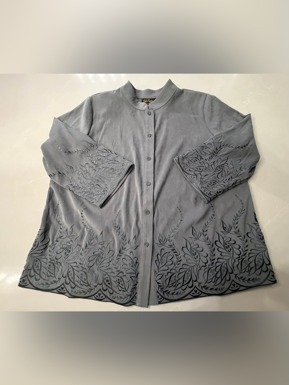 Bob Mackie Wearable Art Slate Gray Embroidered Button-Front Shirt Jacket